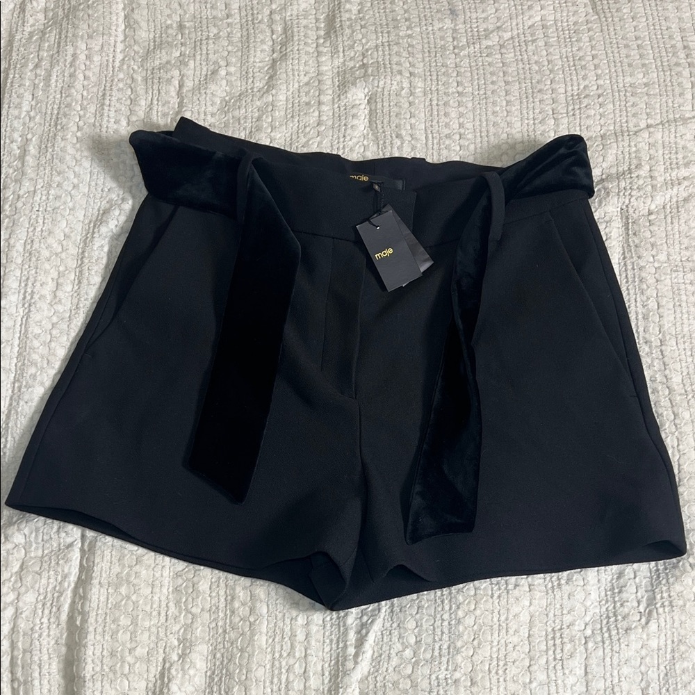 Maje Black High-Waist Velvet-Belt Shorts